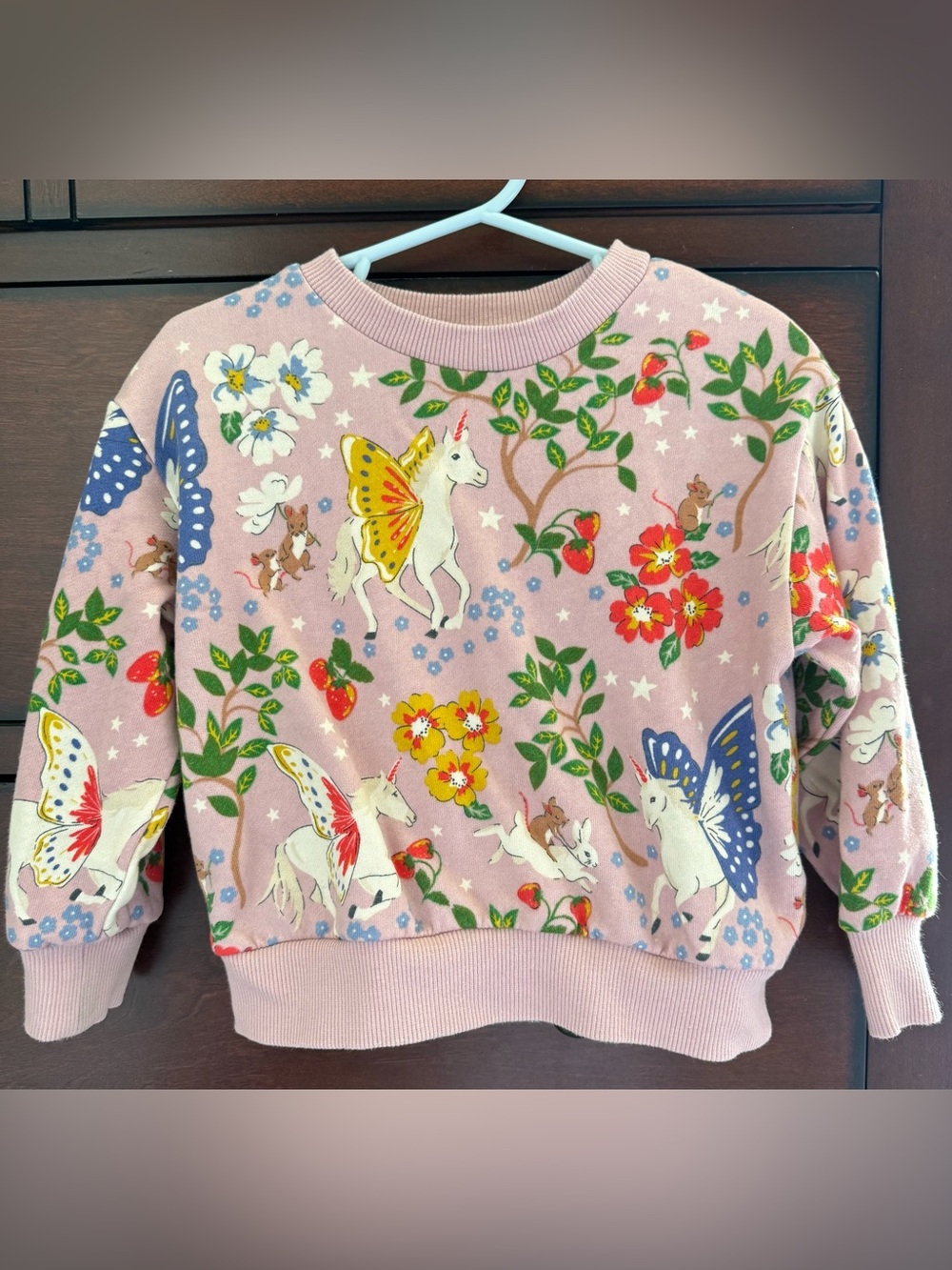 Mini Boden Whimsical Pink Sweatshirt with Unicorn, Mouse, Bunny, & Flowers